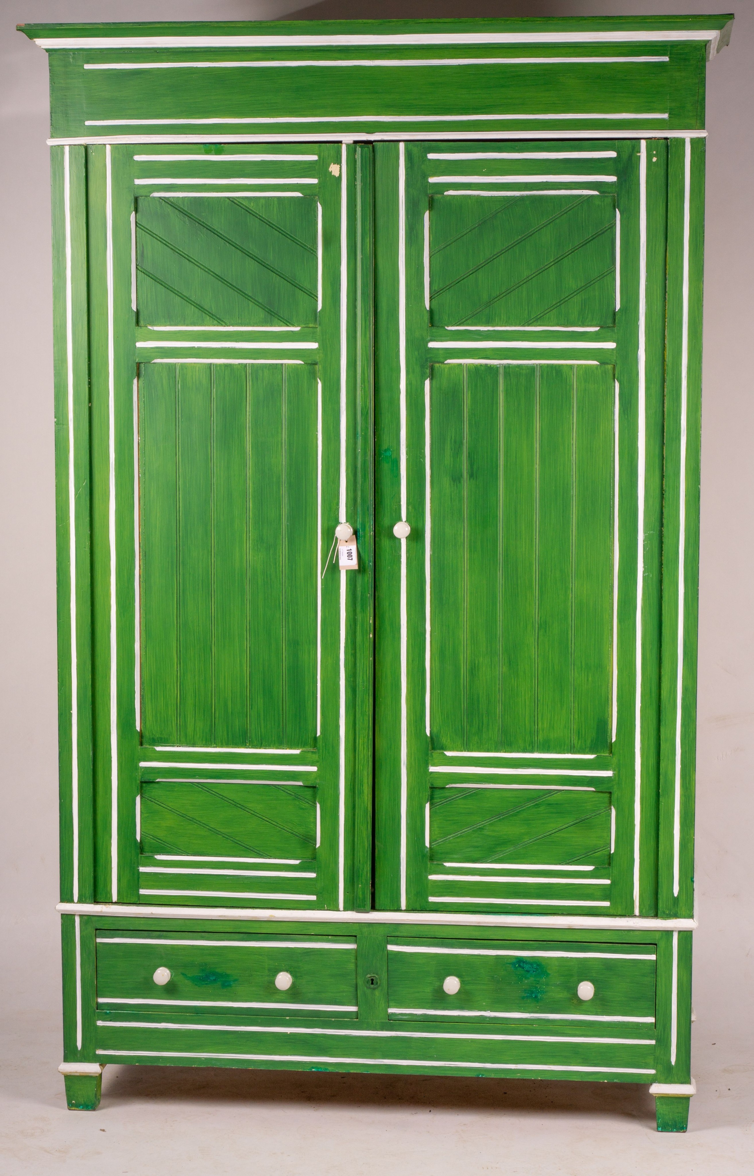 A late Victorian painted pine two door wardrobe, W.120cm H.212cm